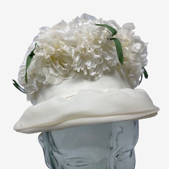Vintage 1960s White Floral Cloche Hat Double Fabric Brim Retro Mid Century Style - Picture 2 of 7